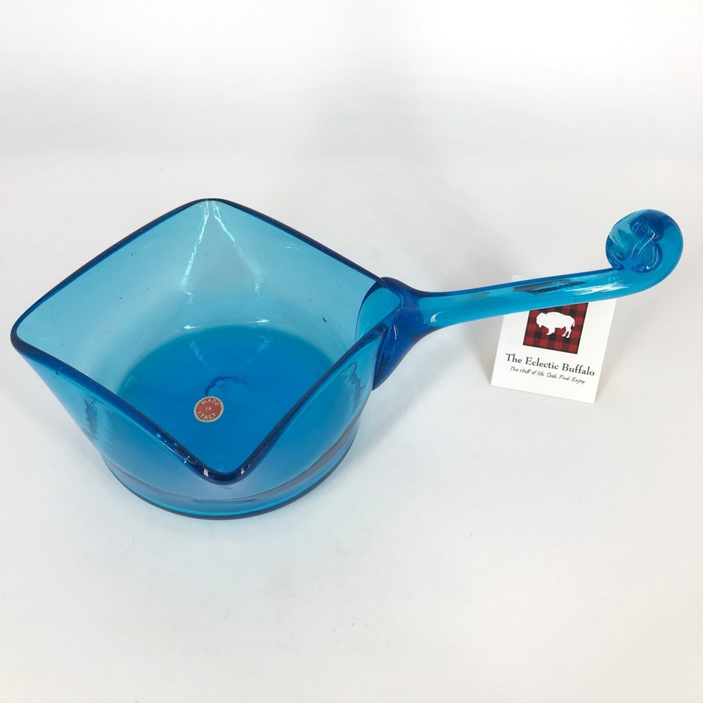Italian Hand Blown Blue Art Glass Dish Bowl with Curled Applied Handle MCM